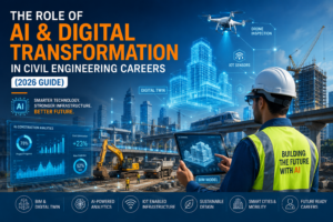 A civil engineer using AI-powered BIM and digital twin software on a smart construction site - AI and Digital Transformation in Civil Engineering reshaping careers in 2026
