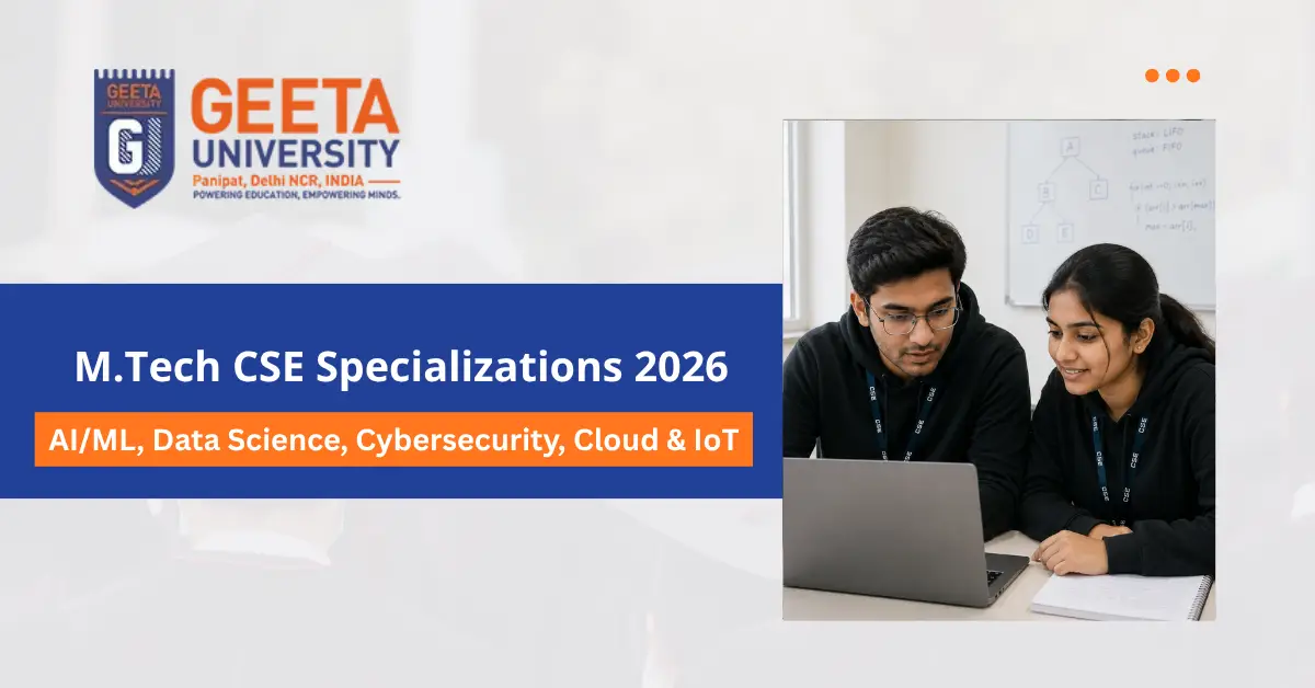 Students collaborating on AI and cloud projects during an M.Tech in Computer Science Engineering program at Geeta University, Delhi NCR