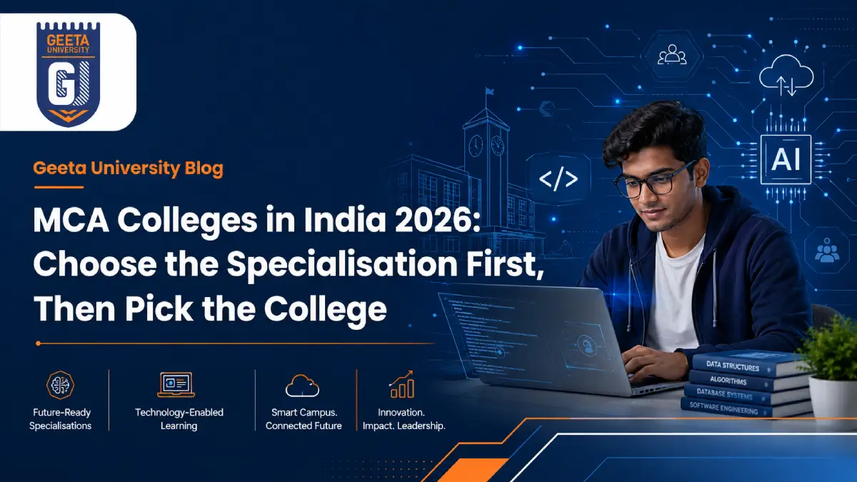 Student working on a laptop with AI and coding visuals, representing MCA colleges in India that offer future-ready specialisations, technology-enabled learning, innovation-driven education, and smart campus experiences at Geeta University.