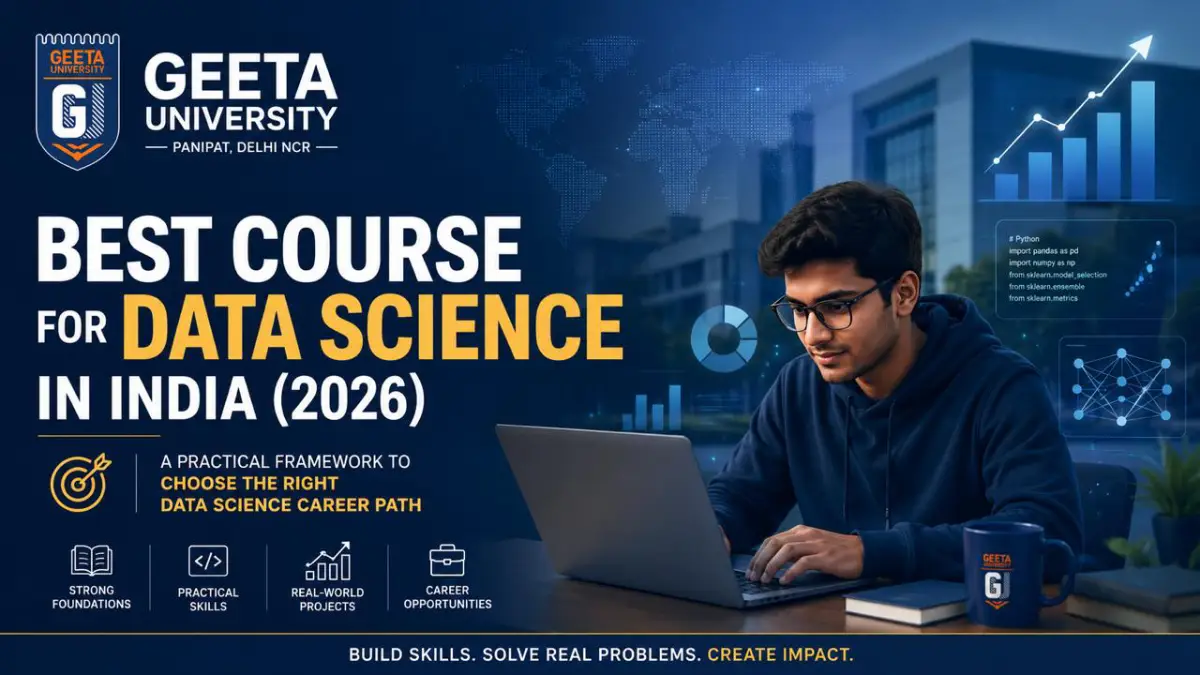 best course for data science in India, featuring a student working on a laptop with data analytics dashboards, coding visuals, graphs, and AI-related elements. The image emphasizes practical skills, real-world projects, strong foundations, and career opportunities in data science.