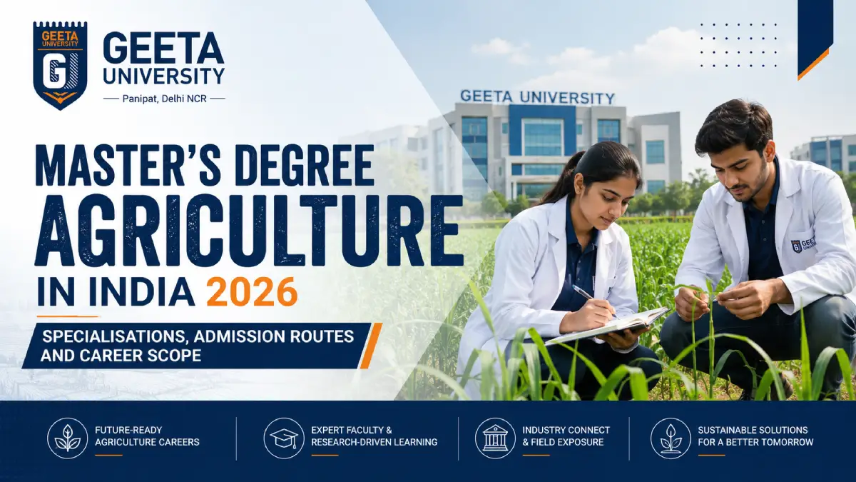 Geeta University master's degree agriculture students conducting crop research and recording field data on a university farm in Haryana.